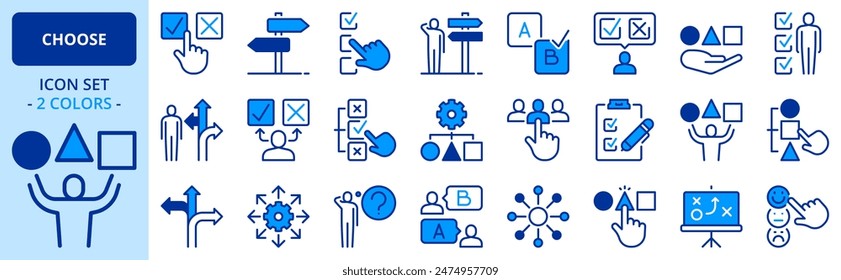 Symbole in zwei Farben wählen. Enthält Symbole wie Optionen, Einstellungen, Auswahl und Entscheidung. Bearbeitbarer Strich.
