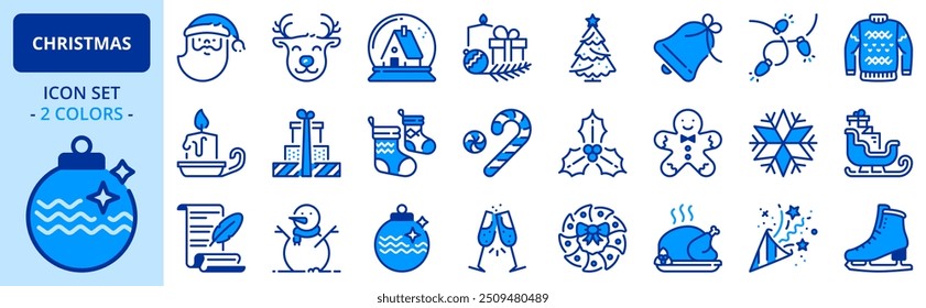 Icons in two colors about Christmas. Holidays events. Contains such icons as Santa, snowman, Christmas tree, wish list, decoration, and gifts. Editable stroke