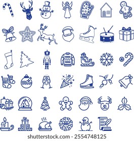 Icons in two colors about Christmas. Holidays events. Contains such icons as Santa, snowman, Christmas tree, wish list, decoration, and gifts. Editable stroke