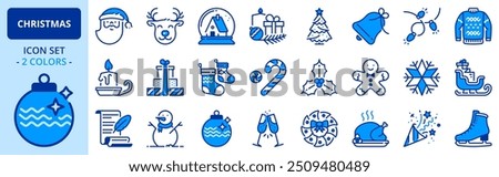 Icons in two colors about Christmas. Holidays events. Contains such icons as Santa, snowman, Christmas tree, wish list, decoration, and gifts. Editable stroke