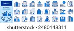 Icons in two colors about the city. Contains such icons as apartments, office, bank, hospital, buildings, skyscraper, mall and park. Editable stroke