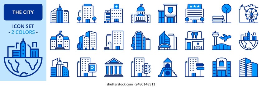 Icons in two colors about the city. Contains such icons as apartments, office, bank, hospital, buildings, skyscraper, mall and park. Editable stroke