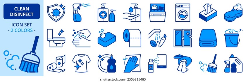 Icons in two colors about clean and disinfect.  Contains such icons as cleaning and sanitizer products, clean surfaces, clothes, food and hands. Editable stroke.