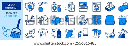Icons in two colors about clean and disinfect.  Contains such icons as cleaning and sanitizer products, clean surfaces, clothes, food and hands. Editable stroke.