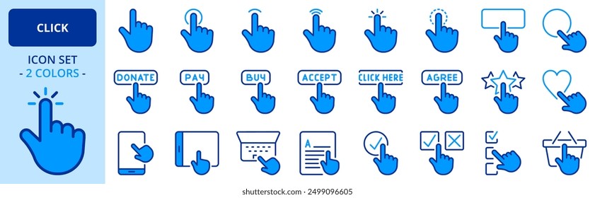 Icons in two colors about click. Contains such icons as hand with gestures, touch, press, tap and push. Editable stroke.