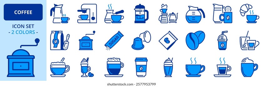 Icons in two colors about coffee. Editable stroke.