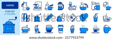 Icons in two colors about coffee. Editable stroke.