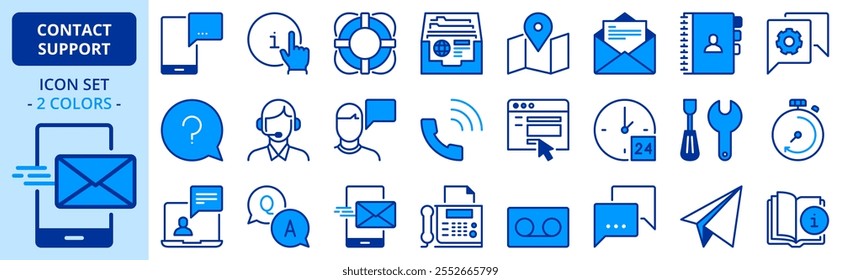 Icons in two colors about contact and support. Editable stroke. 