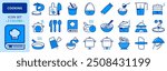 Icons in two colors about cooking. Food and drink. Editable stroke. 