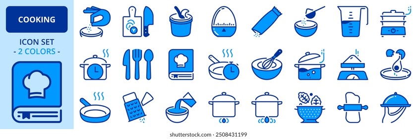 Icons in two colors about cooking. Food and drink. Editable stroke. 