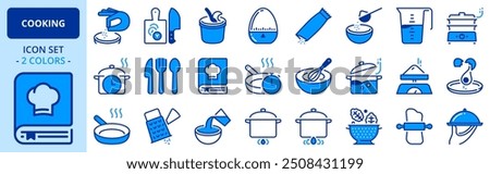 Icons in two colors about cooking. Food and drink. Editable stroke. 
