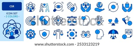 Icons in two colors about corporate social responsibility. Contains such icons as core values, transparency, impact, ethical business and trust. Editable stroke