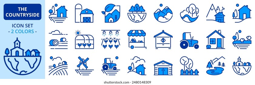 Icons in two colors  about the countryside. Contains such icons as rural house, farm, landscape mountain, nature, grove and lake. Editable stroke