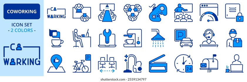 Icons in two colors about coworking. Contains such icons as workplace, meeting room, recreation zone and services. Editable stroke 