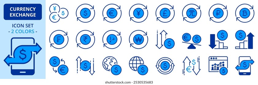 Icons in two colors about currency exchange. Contains such icons as track exchange rate, dollar, euro, yen and pound symbol. Editable stroke