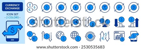 Icons in two colors about currency exchange. Contains such icons as track exchange rate, dollar, euro, yen and pound symbol. Editable stroke