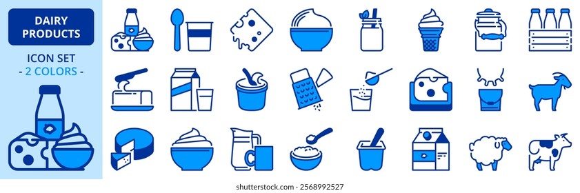 Icons in two colors about dairy products. Milk, yogurt, cheese, cream and butter. Editable stroke