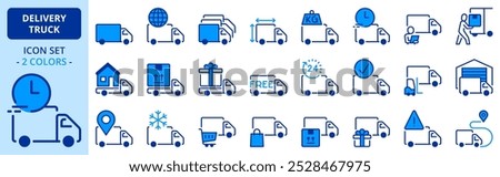 Icons in two colors about delivery truck. Contains such icons as logistics services, shipping incident, loading and unloading. Editable stroke. 