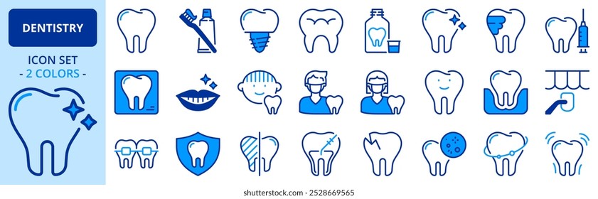 Ícones em duas cores sobre odontologia e cuidados dentários. Contém ícones como sorriso, higiene, implante, raio X, ortodônticos e cárie dentária. Traçado editável