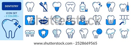 Icons in two colors about dentistry and dental care. Contains such icons as smile, hygiene, implant, x ray, orthodontics and tooth decay. Editable stroke