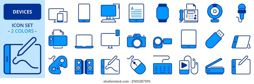 Iconos en dos colores sobre los dispositivos. Contiene iconos tales como móvil, tableta, PC, ereader, reloj inteligente, impresora y cámara. Trazo editable