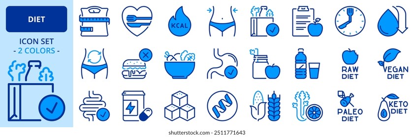 Icons in two colors about diet. Contains such icons as healthy food, fat, protein, vegetables, fruit, carbohydrates, and sugar. Editable stroke