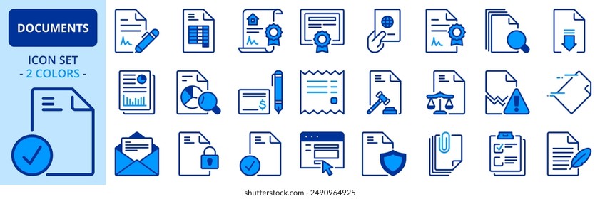 Icons in two colors about documents. Editable stroke. 