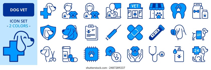 Icons in two colors about dogs and vet. Pets. Contains such icons as health care, dental care, test, vaccines, diagnosis, x-ray, deworming and urgency. Editable stroke