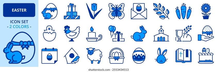 Icons in two colors about Easter. Editable stroke. 