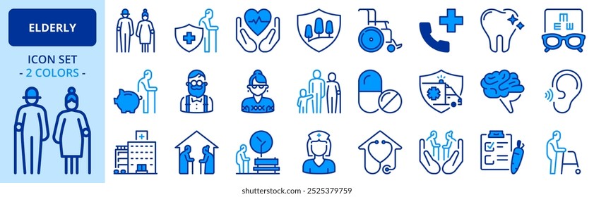 Icons in two colors about elderly. Contains such icons as seniors, health care, retirement planning and insurance. Editable stroke.