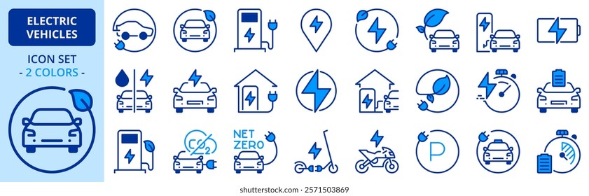 Icons in two colors about electric vehicles. Sustainable development Contains such icons as electric car, motorbike, scooter, battery and charging station. Editable stroke