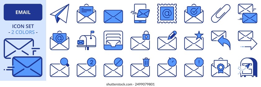 Iconos en dos colores sobre el correo electrónico. Concepto de Tecnología y comunicación. Contiene iconos como correo, bandeja de entrada, respuesta, edición, envío y buzón. Trazo editable