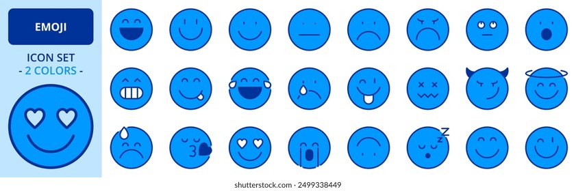 Icons in two colors about emoji. Contains such icons as facial expression, satisfaction scale and emotions about happy, funny, sad, angry. Editable stroke. 