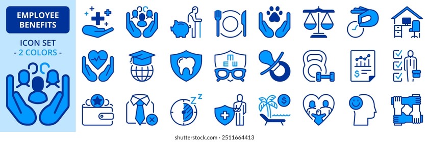 Icons in two colors about employee benefits. Contains such icons as health insurance, social responsibility, retirement planning and bonus. Editable stroke. 