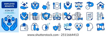 Icons in two colors about employee benefits. Contains such icons as health insurance, social responsibility, retirement planning and bonus. Editable stroke. 