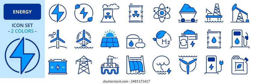 Icons in two colors about energy. Contains such icons as nuclear, fossil fuel, solar, wind power, oil, biogas, green hydrogen. Editable stroke 