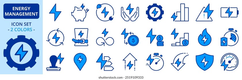 Iconos en dos colores sobre la gestión de la energía. Contiene íconos como el ahorro, la regulación, el aumento del Precio, el consumo y la eficacia. Trazo editable