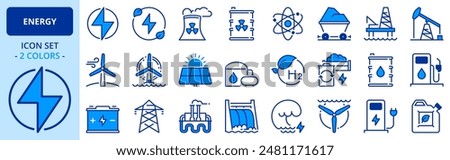 Icons in two colors about energy. Contains such icons as nuclear, fossil fuel, solar, wind power, oil, biogas, green hydrogen. Editable stroke 