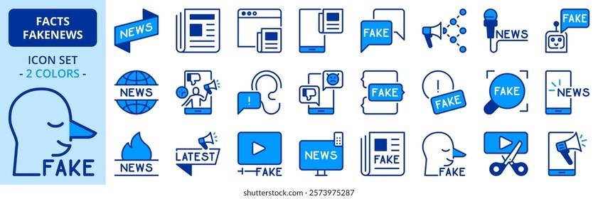 Icons in two colors about facts and fake news. Contains such icons as anti-fake agency, troll, social bots and newspaper. Editable stroke 