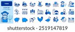 Icons in two colors about farm. Contains such icons as tractor, windmill, vegetables, handmade products and animals. Editable stroke 