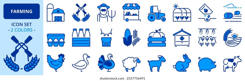 Icons in two colors about farming.  Editable stroke. 