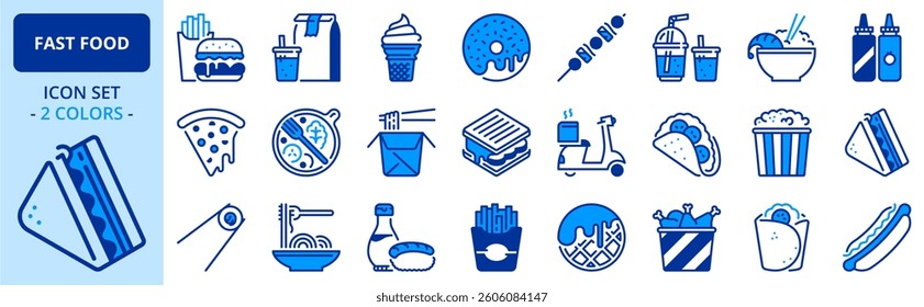 Icons in two colors about fast food. Food and drink. Editable stroke.