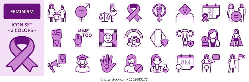 Icons in two colors about feminism. Contains such icons as gender equality, women's rights and girl power. Editable stroke