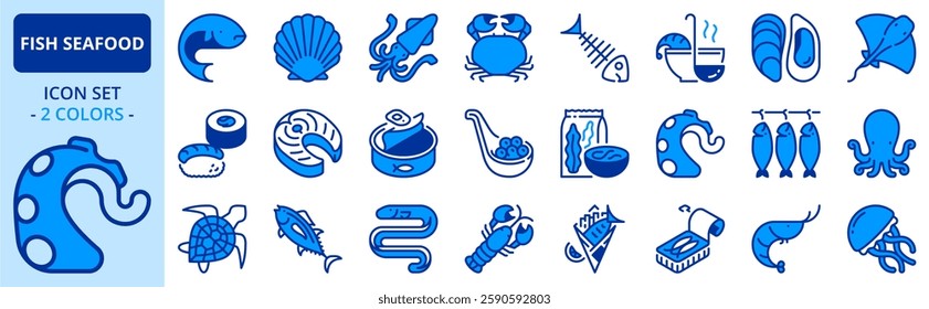 Icons in two colors about fish and seafood.  Editable stroke.