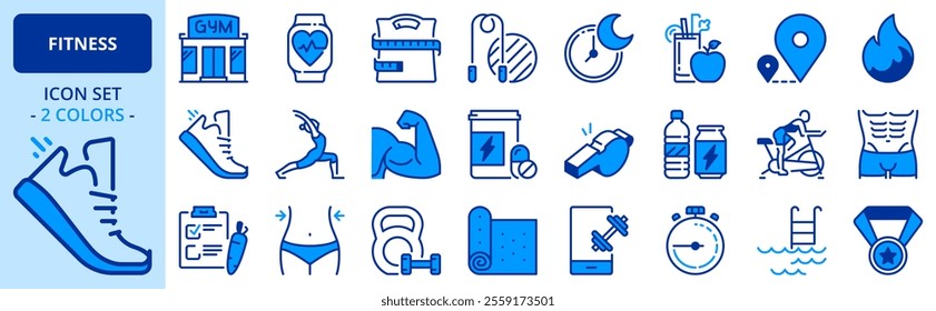 Icons in two colors about fitness. Healthcare. Contains such icons as gym, training, sports, running, diet, body building, yoga and equipment. Editable stroke 