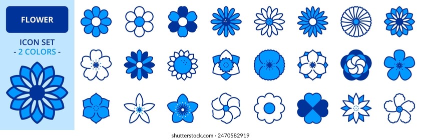 Icons in two colors about flowers and plants. Contains such icons as rose, daisy, tulip, daffodil, sakura and cactus. Editable stroke