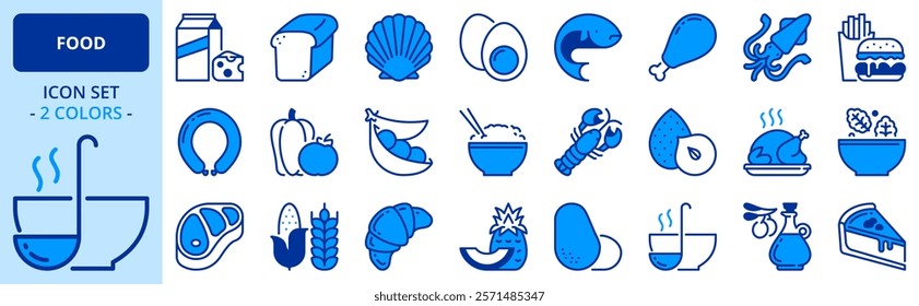 Icons in two colors about food. Fruit and vegetables. Protein, meat, seafood, dairy, nuts, eggs and legumes. Grain. Fast food, desserts and sugar products. Editable stroke.