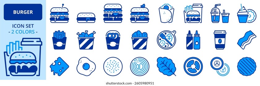 Icons in two colors about food and drink. Burger. Editable stroke.