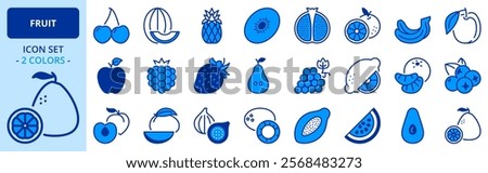 Icons in two colors about fruit. Pets. Editable stroke.
