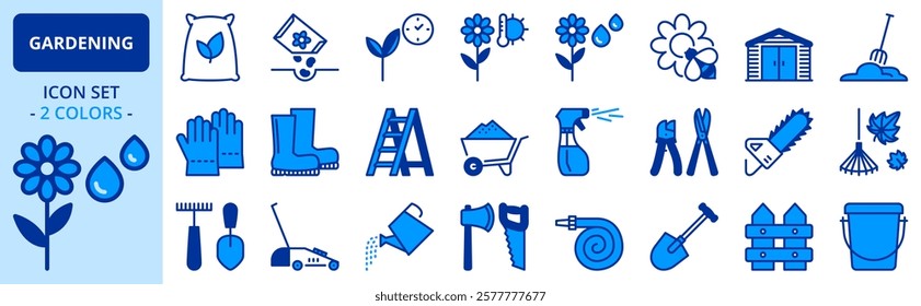 Icons in two colors about gardening. Editable stroke. 